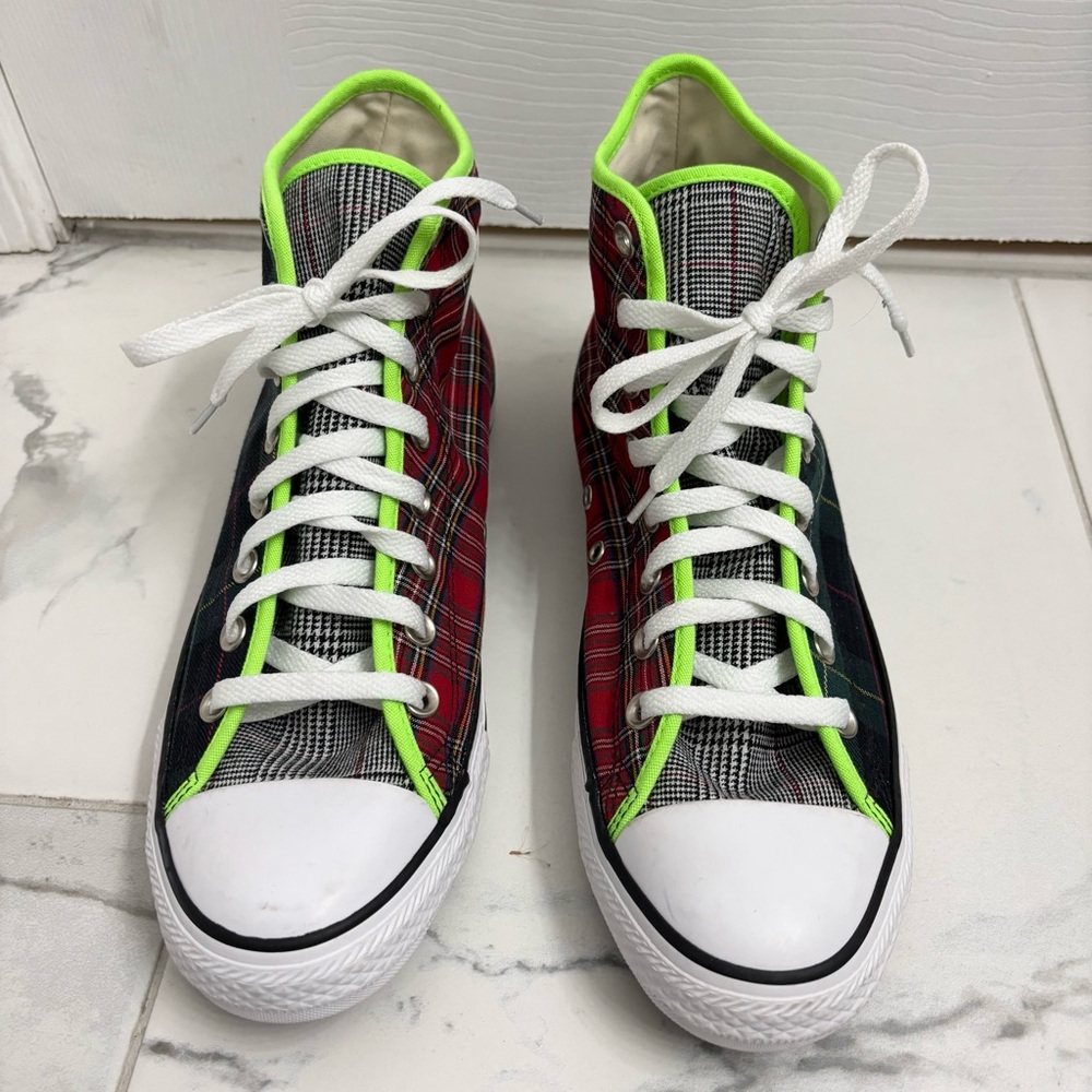 Converse Chuck Taylor All Star High World Peace Sneakers M9 W11 Plaid Green Red - Picture 2 of 7